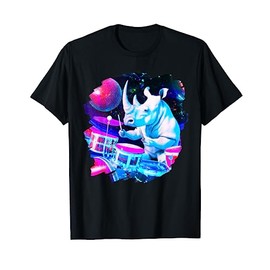 Rhinoceros Playing Drums in Space Outer Space Music Rhino T-Shirt
