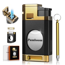 Triple Jet Torch Lighter with Guillotine Cutter, Draw Enhancer Tool, Gifts for Men, Refillable Butane Lighter with Versatile Accessories, Windproof Lighter for Travel, Outdoors (Without Butane)