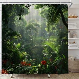 AMFD Jungle Shower Curtain Tropical Rainforest Plam Leaf Forest Flower Nature Scenery Summer Landscape Bathroom Curtains Decor Fabric Set Include Hooks,(70" WX70 H)