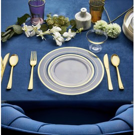 R-kay 100 Pack 10 Inch Clear And Gold Plastic Plates For Wedding - Sturdy Clear Gold Plastic Plates, Durable And Extra Heavy duty Gold Plastic Plates For Party - Bulk Disposable Plates For Weddings