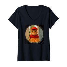 Womens Orange Tabby Cat Pizza Delivery Peephole V-Neck T-Shirt