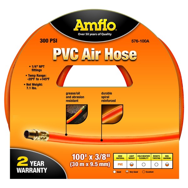 Amflo 576-100A Orange 300 PSI PVC Air Hose 3/8" x 100' With 1/4" MNPT End Fittings