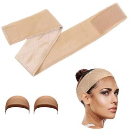 Wig Grip Elastic Scarf Headband, Adjustable Wig Grip Band with Mesh Caps, for Keeping Wigs in Place (Beige, 21.6inch)