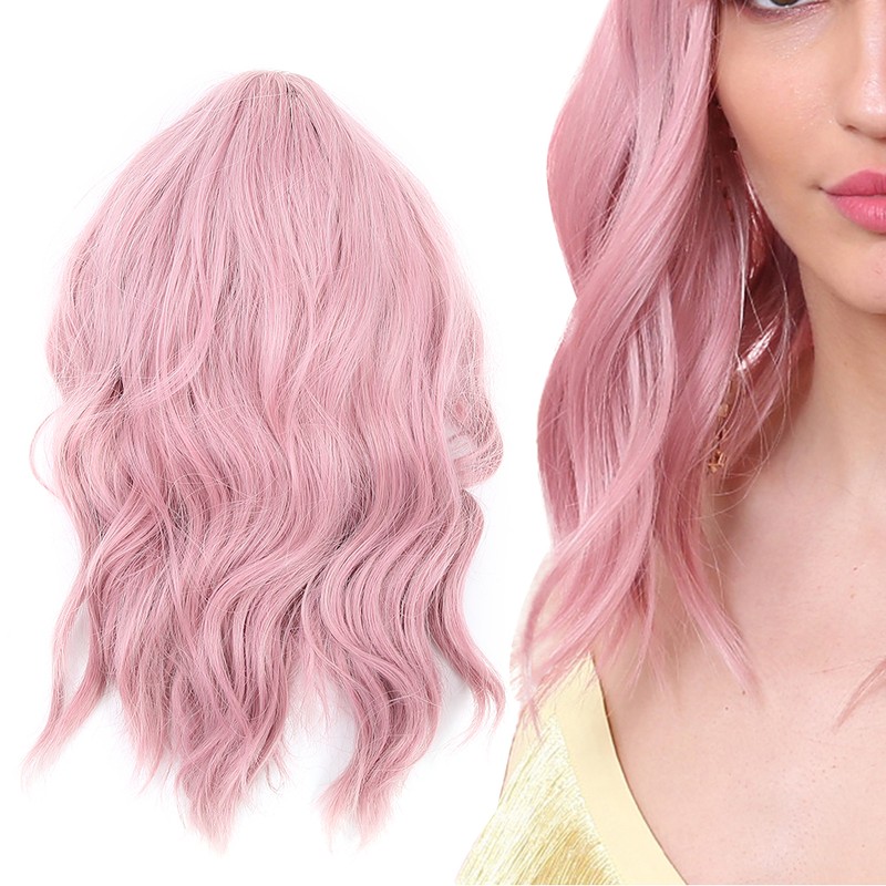 LC210-1 Curly Wavy Wig Pink Pastel Short Bob Synthetic Wigs