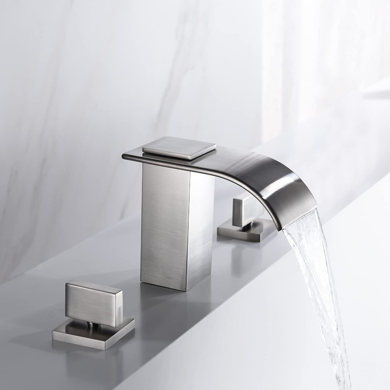 Waterfall Widespread Bathroom Faucet Brushed Nickel, 3 Hole 8 Inch