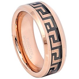 2-tone Tungsten Carbide Ring, 8mm Polished Finish Rose Gold Plated Comfort Fit Tungsten Wedding Band with Black Greek Key Inlay - s11.5