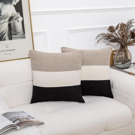 Decorative Textured Boucle Pillow Covers 20 x 20 Inch Neutral Accent Pillow Case for Couch Sofa Bedroom Living Room Home Decor,Oatmeal/Cream/Black (Pack of 2, Cover ONLY)