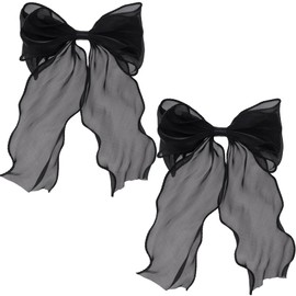STSTR 2Pcs Large Hair Bow Clips, Black Silk Yarn Ribbon Bow Hair Barrette for Women, Elegant Long Tail Bowknot French Hair Accessories for Wedding, Parties, Festivals