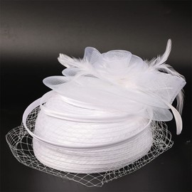 Woman Feather Fascinator Hat Pillbox Derby Hats with Veil Clip Vintage Bridal Wedding Tea Party Cap White