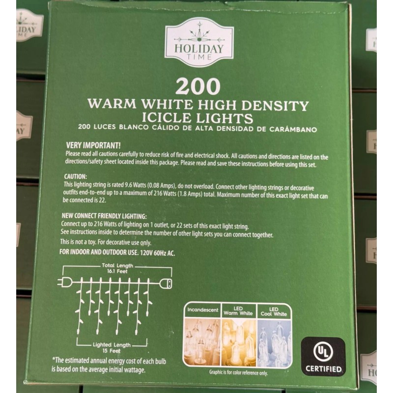 Holiday Time 200-Count WARM White LED High-Density Icicle Lights white