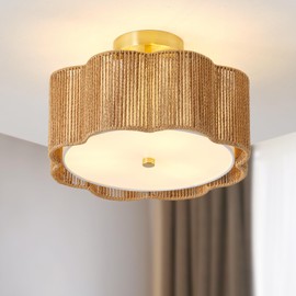 Giutna Rattan Ceiling Light Fixtures Flush Mount,3-Light Boho Light Fixtures Ceiling Mount for Bedroom,Close to Ceiling Light Modern Rattan Chandelier Lighting for Hallway Kitchen Dining Room(Yellow)