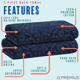 PREMIUS 2 Pack Damask Hand Towel, Bath Towel, and Bath Sheet Towel, 100% Cotton Yarn Dyed, Lux Drying Experience, Great for Hands and Body, Perfect for Spa & Home Use (Navy, Bath Towel)