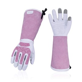 Vgo... Guantes de Jardinería Extra Largos,de Alta Calidad,de Cuero de Cabra,a Prueba de Espinas,Antiabrasión y Anti Impacto (Talla S,Blanco,GA9659)