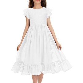 MITILLY Girls Elegant Lace Flower Crew Neck Ruffle Chiffon A-Line Flowy Birthday Party Midi Dress 8 Years White