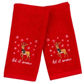 Serafina Home Holiday Christmas Guest Hand Towels: Country Farmhouse Red Terrycloth Towels with Reindeer Let It Snow Embroidered