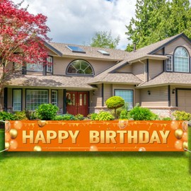 9.8x1.6FT Orange Gold Happy Birthday Yard Banner,Orange Birthday Backdrop Porch Sign,Orange And Gold Large Red Birthday Yard Sign Banner,Birthday Party Supplies Photo Background for Children Men Women.
