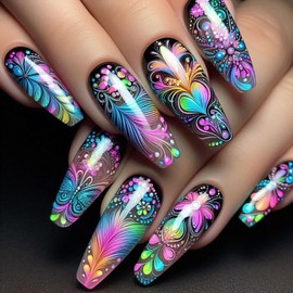 Colorful Butterfly Press on Nails Medium Ballet Shaped Colorful Love Feather Pattern Design Acrylic False Nail Full Cover Glossy Artificial Fingernails Reusable Press Ons Glue on Nails for Women 24Pcs