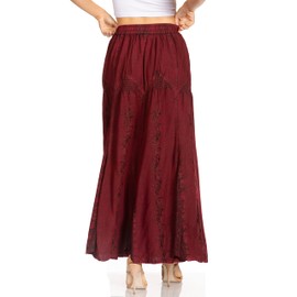 Sakkas Olivia Women's Maxi Bohemian Gypsy Long Skirt with Elastic Waist and Lace, Burgundy