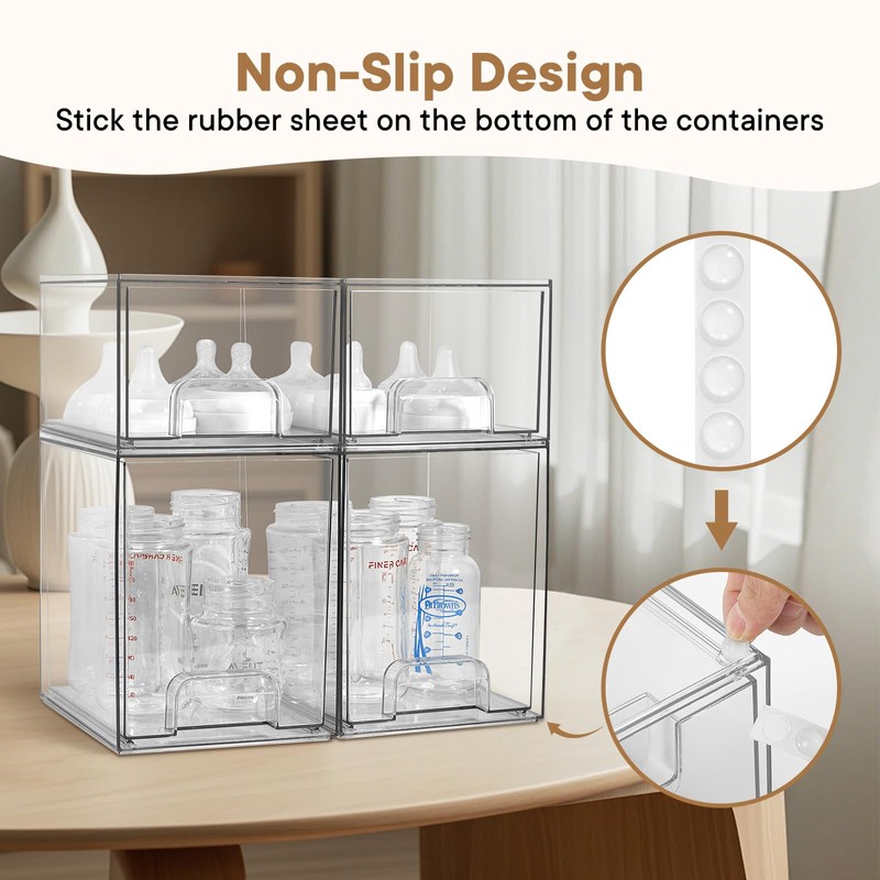 MINMUNJIU Baby Bottle Organizer, 4 Pack Clear Space-Saving Stackable Drawer