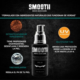 SMOOTH Protector Solar Facial Para Hombres | Protege La Piel de las Quemaduras Solares y del Estrés Oxidativo, Contiene Propiedades Regenerativas y de Reparación Celular | Extracto de Tepezcohuite, Trietanolamina, Multifilter T-80 | 40 ml Uso Día