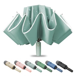 Fogkey Compact Travel Umbrella, Portable Reverse Folding Car Umbrella, Large Windproof and Waterproof Inverted Umbrella, Automatic, 10 Ribs, CYAN