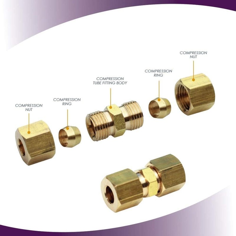 Ice Maker Water Line Brass Compression Tube Fitting, Union, 3/8”