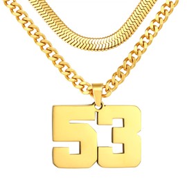 KLIFOWDY Number Necklace, Layered Necklace for Men, Jersey Number Necklace for Boy Athlete, 18+20 In Gold Chain for Men With Number 53 Pendant, Basketball Football Baseball Number Necklaces for Boys