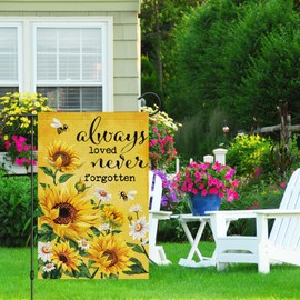 Heyfibro Always Loved Never Forgotten Memorial Garden Flag 12x18 Double Sided Burlap, Spring Summer Sunflower Daisy Bee Yard Banner for Rustic Seasonal Outside Outdoor Cemetery Decoration (ONLY FLAG)