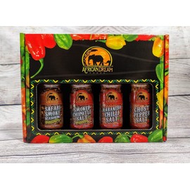 Spicy Salts and Seasonings with Grinder Variety 4-Pack Gift Box by African Dream Foods includes Safari Smoke, Ghost Pepper, Habanero, Smoked Chipotle Chili Salts | All-Natural