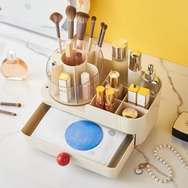 DASITON 360° Rotating Makeup Organizer with Drawers,Large Capacity Cosmetic Display Case,Skincare Organizer with Makeup Brush Holder,Makeup Storage Organizer for Vanity,Desktop,Bathroom (Red) D1104