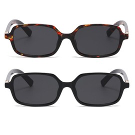 JOVAKIT 2Pcs Retro Rectangle Sunglasses for Women Men Trendy Small Square Sunglasses 90s Vintage Shades (Tortoise/Grey+Black/Grey)