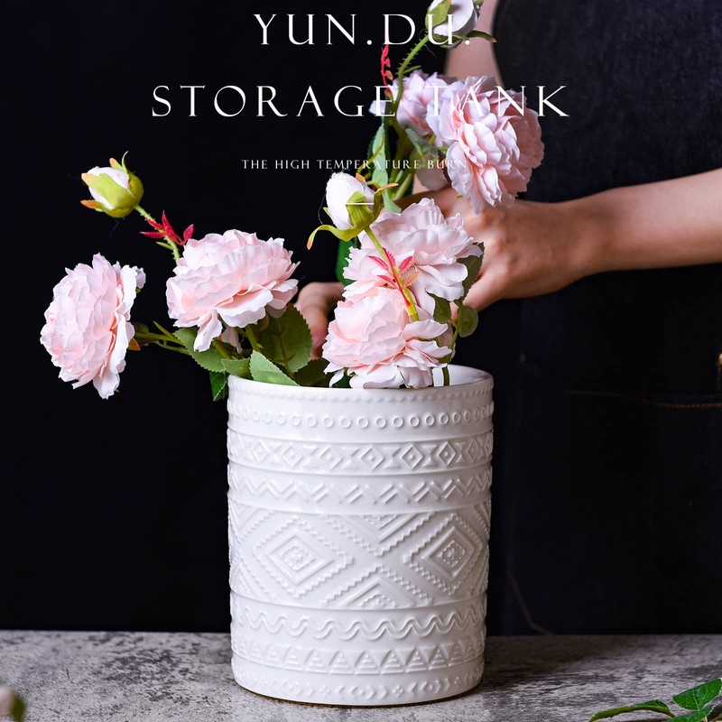 Yundu White Porcelain Kitchen Utensil Holder for Countertop, Utensil Crock