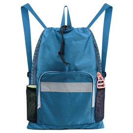 BeeGreen Gym Bag Drawstring Backpack With Zipper Pocket Swim Bag for Men Women Swimmers Sports Bag for Beach Pool Workout Gifts With 2 Mesh Pockets Cinch Bag Lake Blue