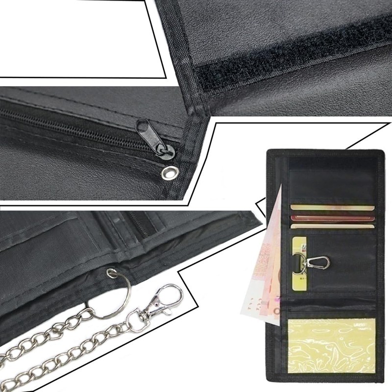 Lowats Slim Black Wallet Zip Foldable Triple Wallet with Chains