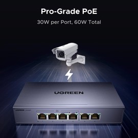 UGREEN POE Ethernet Splitter, 6 Port Network Switch 4x Gigabit PoE+ Ports& 2 Gigabit Auto ports, 802.3af/at 30W,60W Total Budget, Metal Case Hub,Plug & Play for TV/Laptop/Switch/Router/Camera
