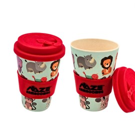 NAZE Eco-Friendly Bamboo Cup Natural Organic Bamboo Fiber Travel Mug, With Animal Prints, Silicone Lid & Sleeve, For Kids, Bamboo Travel Cup For Drinking Chocolate Milk or Juice. Pack of 1 Bamboo Mug