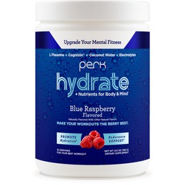 Perk Hydrate Blue Raspberry Flavored Electrolyte Drink Mix Powder (30 Servings) - Coconut Water, CDP-Choline, L-Theanine, Gluten-Free