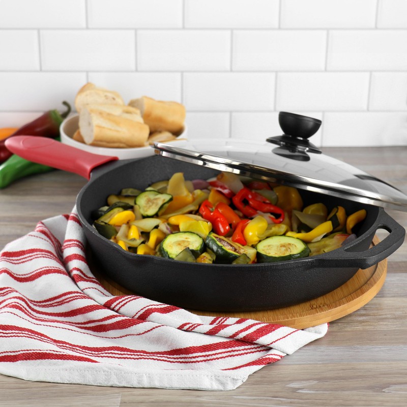 Megachef 12 Inch Pre-Seasoned Cast Iron Skillet with Tempered Glass
