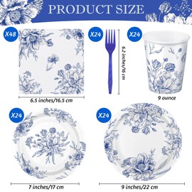 Kochorie 144 Pieces Blue and White Flower Print Party Tableware Sets Including Disposable Plates Napkins Cups Forks Serves 24 for Wedding Birthday Baby Shower Party Supplies
