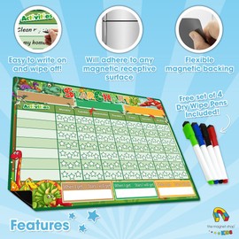 TMS Magnetic Reward Chart for Children - Star Chart for Recognising and Inspiring Good Behaviour in Toddlers, Kids, Boys and Girls - Comes with 4 Magnetic Coloured Dry Wipe Pens (Dinosaurs)