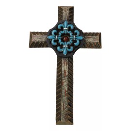 Southwestern Turquoise Fleur De Lis French Lily Faux Wooden Wall Cross Plaque