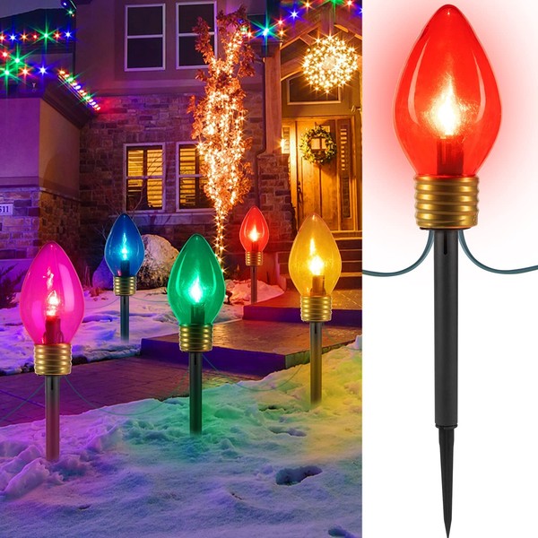 Christmas Lights Jumbo C9 Outdoor Lawn Decorations with Pathway Marker Stakes, 8.5ft C7 Lights Covered Jumbo Glitter Multicolor Bulb for Holiday Outside Yard Garden Decor, 5 Lights