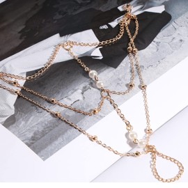 Atentuyi Pearl Hand Chain Gold Beaded Finger Ring Bracelet Layered Tassel Metal Chain Retro Slave Bracelets Boho Jewelry for Women and Girls