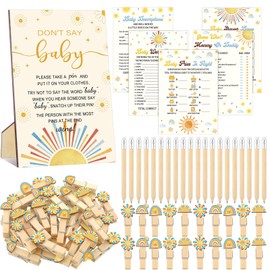 Patelai 321 Pcs Baby Shower Games Supplies, 5 Sets (50 Cards Each) Activities Cards with 20 Pencils 1 Don't Say Baby Sign 50 Clothespin (Here Comes the Sun)