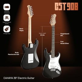 CAHAYA Stratocaster Electric Guitar for Beginner: 39” Solid Body Electric Guitars with SSS Pickups Beginner Guitar Kit with Gig Bag Audio Cable CST90 Matte Finish Black