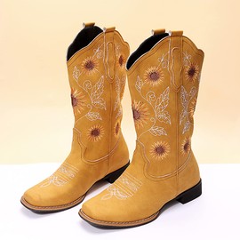 gloryinterest Cowboy Boots for Women Mid Calf Cowgirl Western Boots Sunflower Embroidery Stitched Square Toe Low Heel Black Brown Yellow US6-10.5, yellow, 35