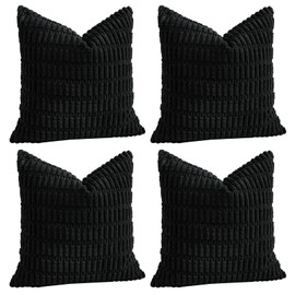 Sungeek Set of 4 Soft Corduroy Decorative Cushion Covers 50x50cm Square Striped Throw Pillow Covers 20x20 Inch for Sofa Couch Living Room Patio Farmhouse Boho Home Decor Pillowcases (Black)