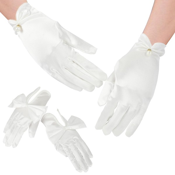 2P White Satin Gloves for Women, Women's Short Satin Gloves