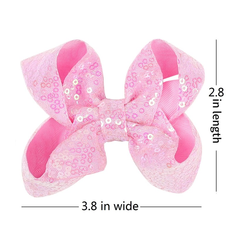 Cute 3.8" Pink Sparkly Glitter Sequin Hair Bows - Pack