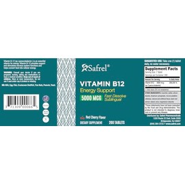 Safrel Vitamin B12 Sublingual Tablets, 5000 MCG, Red Cherry Flavor, Energy Support, 200 Count
